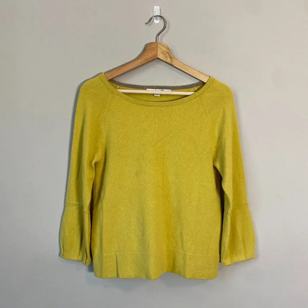 Boden Women's Size 4 100% Cashmere Puff Sleeve Knit Pullover Sweater Yellow Cozy - Picture 2 of 15